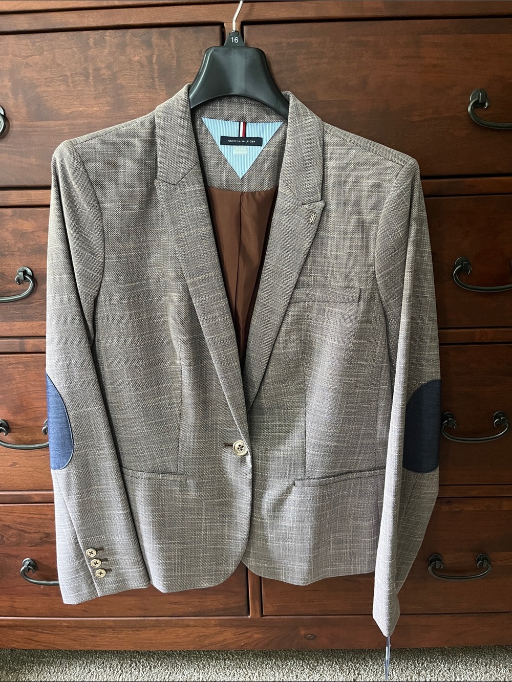 Tommy Hilfiger Gray Plaid Blazer with Navy Elbow Patches